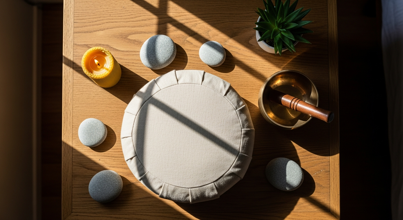 A serene overhead flat lay photograph of a peaceful meditation corner on a wooden nightstand, bathed in soft morning sunlight streaming through a nearby window. The composition features a simple meditation cushion in natural linen fabric, a small brass singing bowl catching golden light, smooth river stones arranged mindfully, a lit beeswax candle with a gentle flame, and a small potted succulent plant. Delicate shadows from window frames create geometric patterns across the warm wood grain surface. The scene has that authentic, unposed quality of a real morning meditation practice space, captured with natural window light creating a calm, contemplative atmosphere. Shot from directly above in classic Instagram flat lay style, with soft focus on the background and sharp detail on the meditation objects, evoking the tranquil simplicity of monastic living translated into a modern home setting.