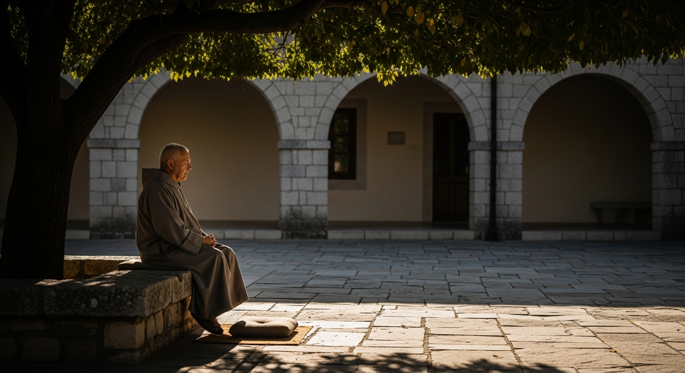 A serene monastery courtyard bathed in soft golden hour light, where an elderly monk in traditional robes sits in perfect stillness on a weathered stone bench beneath an ancient tree, surrounded by minimalist architecture with smooth stone walls and archways, dappled sunlight filtering through leaves creating patterns on the ground, a simple meditation cushion placed on aged flagstones, the atmosphere peaceful and contemplative with visible dust motes floating in the warm rays, shallow depth of field focusing on the meditative figure while the background gently blurs, natural earth tones of ochre, cream and soft grays dominating the color palette, shot from a respectful distance with authentic documentary photography style, capturing the profound quietness and timeless quality of monastic life