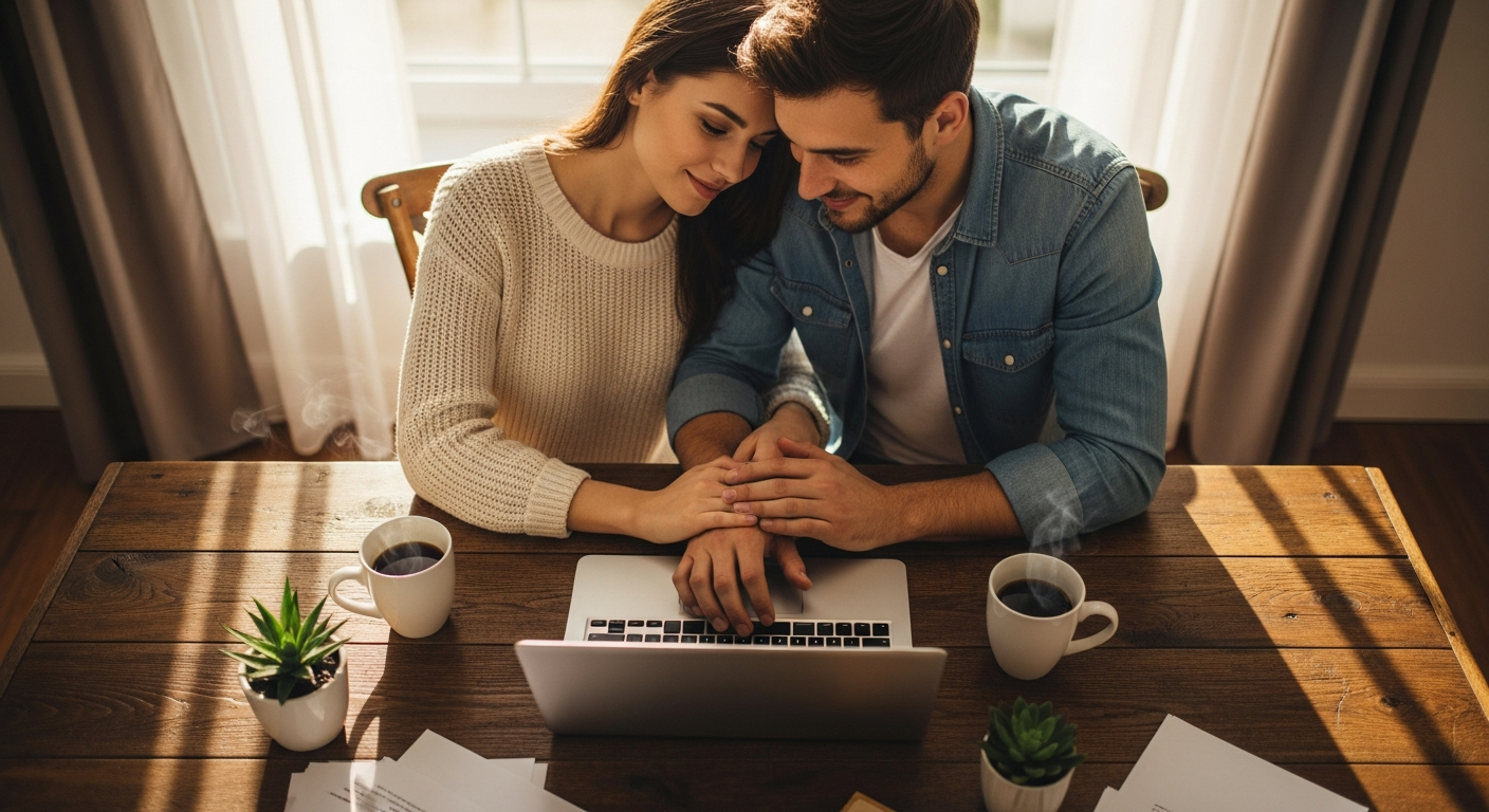 A warm, naturally lit scene of a young couple sitting together at a wooden kitchen table, viewed from above, with morning sunlight streaming through nearby windows creating soft shadows. Their hands are gently placed together over an open laptop, symbolizing partnership and collaboration. Around them on the rustic table surface are two steaming coffee mugs, a small potted succulent plant, and scattered papers. The woman wears a cozy cream sweater while the man is in a casual denim shirt. Both are leaning in toward each other with relaxed, content expressions, their body language showing trust and unity. The composition captures an intimate, authentic moment of domestic life with a shallow depth of field, shot in the candid style typical of lifestyle Instagram photography with golden hour lighting filtering through sheer curtains in the background.