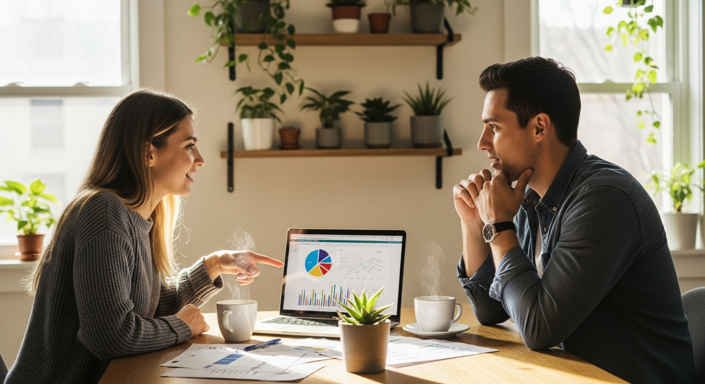 A young couple sitting together at a modern kitchen table bathed in soft morning sunlight streaming through large windows, both leaning forward in engaged conversation with warm, attentive expressions. Between them on the wooden table surface are a sleek laptop displaying colorful charts and graphs, a few scattered papers with financial documents, two steaming coffee mugs, and a small potted succulent plant. Their body language shows connection and focus - hands gesturing naturally as they discuss, one person pointing at the laptop screen while the other nods thoughtfully. The scene captures an intimate yet purposeful moment of partnership, shot from a slightly elevated angle with natural window light creating a soft glow. The background shows a cozy, minimalist home interior with plants on shelves and warm neutral tones, creating an authentic lifestyle photography aesthetic with shallow depth of field and that characteristic Instagram warmth and clarity.