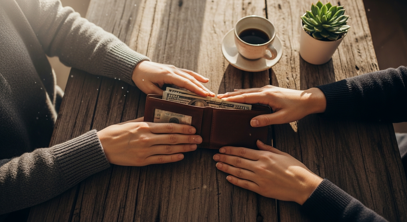 A warm, naturally lit photograph taken from above showing two pairs of hands gently touching over a shared wooden table, with an open leather wallet between them containing visible cash bills. The scene captures an intimate moment of financial partnership with soft morning sunlight streaming through a nearby window, creating gentle shadows. A simple ceramic coffee cup and a small potted succulent sit nearby on the rustic table surface. The composition emphasizes togetherness and trust, with both people's hands positioned equally around the shared wallet, suggesting mutual access and collaboration. The color palette features warm browns, soft creams, and natural wood tones, creating an authentic, candid lifestyle photography aesthetic typical of relationship-focused social media content.