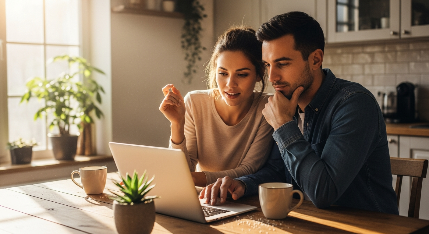 A warm, candid photograph of a young married couple sitting together at their kitchen table bathed in soft morning sunlight streaming through a nearby window, both leaning in toward a laptop screen between them with gentle smiles and engaged expressions, their hands nearly touching on the wooden table surface scattered with coffee mugs and a small potted succulent, the woman gesturing thoughtfully while the man nods attentively, captured in that authentic documentary style showing genuine connection and partnership, shallow depth of field with the background kitchen softly blurred into creamy bokeh, natural window light creating a golden glow on their faces, shot from a slightly elevated angle to capture their collaborative body language and the intimate domestic setting, the overall mood conveying trust, teamwork, and shared purpose in their cozy home environment