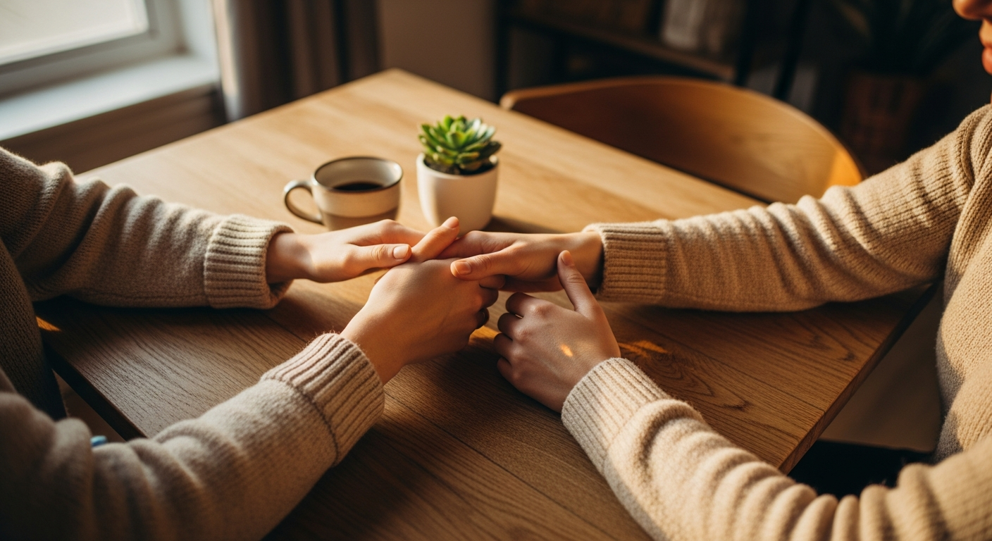 A warm, intimate overhead shot of two pairs of hands meeting across a rustic wooden table, one hand gently touching the other in a gesture of partnership and understanding. The scene captures a cozy home setting with soft natural window light streaming from the left, creating gentle shadows. Between the hands rests a simple ceramic coffee cup and a small potted succulent plant. The composition emphasizes connection and collaboration, with the hands positioned in a way that suggests discussion and mutual decision-making. The color palette features warm wood tones, cream-colored sweaters on both individuals, and muted earth tones. The shallow depth of field keeps the focus on the touching hands while softly blurring the background elements of a lived-in home interior. The lighting is golden hour quality, creating an authentic, unposed moment of togetherness and shared purpose between two people.