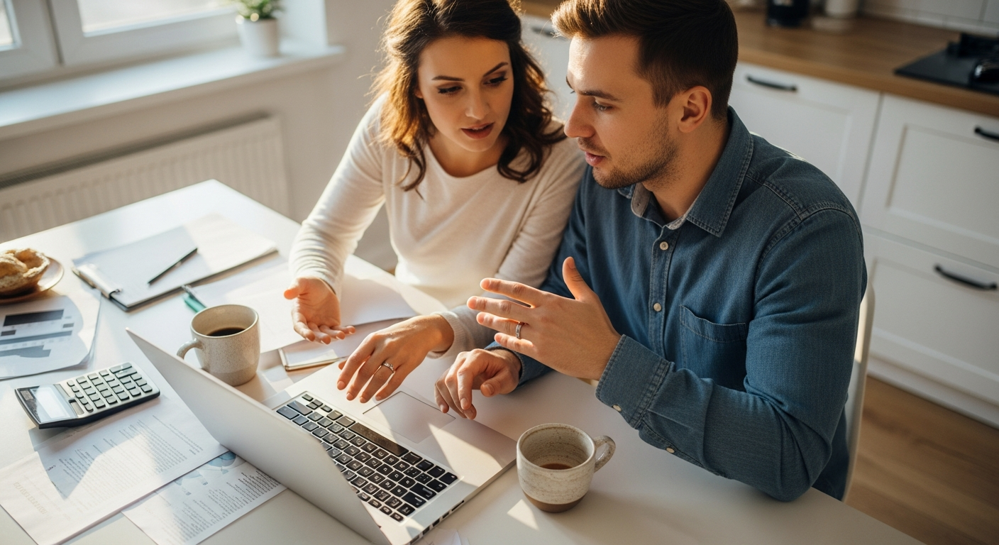 A warm, candid overhead shot of a young married couple sitting together at their kitchen table bathed in soft morning sunlight streaming through nearby windows, both leaning over an open laptop computer with scattered papers, a calculator, and two coffee mugs nearby, their hands occasionally gesturing as they discuss something important, wedding rings visible and catching the natural light, the scene captured in that authentic documentary style showing genuine connection and teamwork, shallow depth of field with the couple in sharp focus against a softly blurred modern home interior background, the golden hour lighting creating a cozy and intimate atmosphere of partnership and collaboration