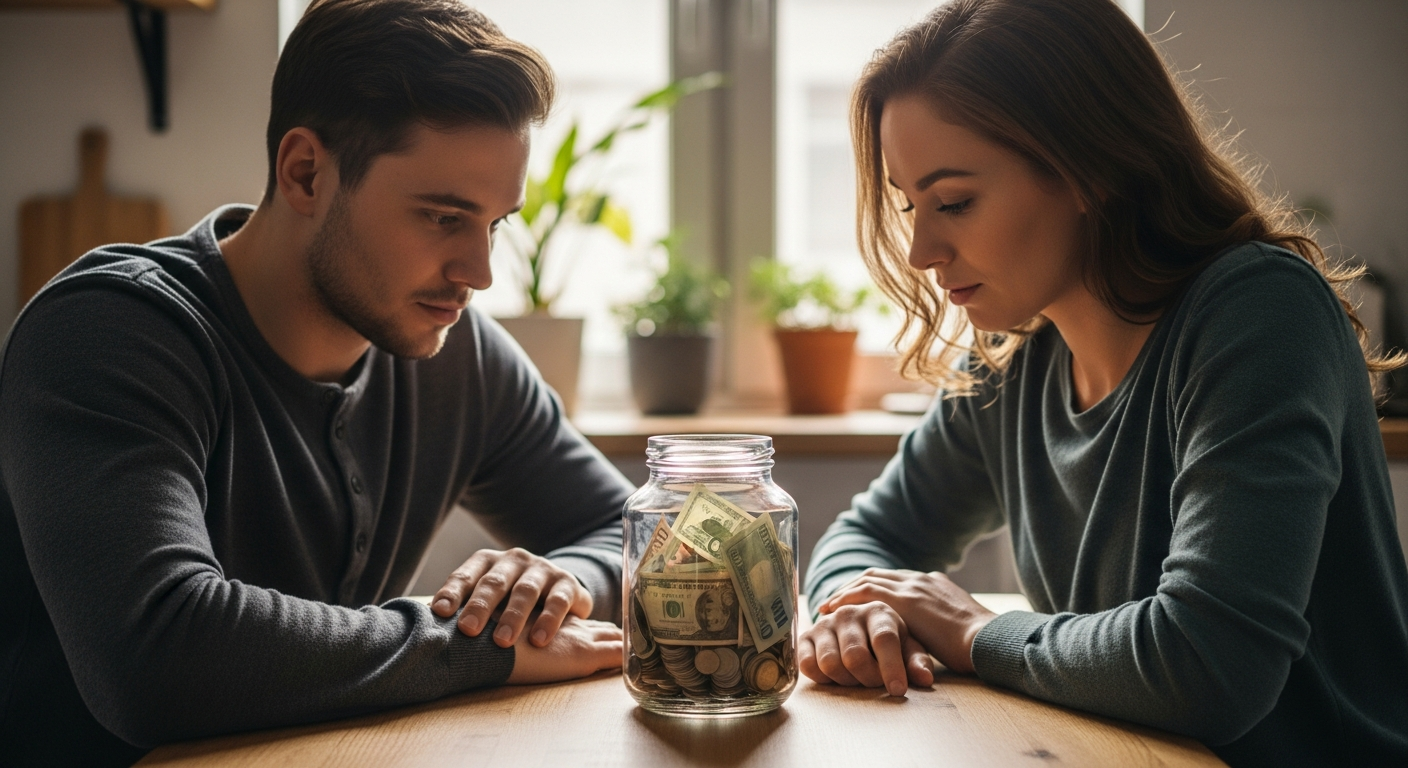 A warm, candid lifestyle photograph of a young married couple sitting together at their kitchen table in soft morning light streaming through a nearby window, both looking down thoughtfully at a clear glass jar filled with cash bills and coins positioned between them on the wooden table surface. The couple appears to be in their late twenties or early thirties, dressed casually in comfortable home clothing. Their body language shows connection and shared purpose as they lean slightly toward each other. The jar is prominently featured in the foreground with visible currency inside, while their hands rest near but not touching the jar, suggesting contemplation rather than immediate access. The background shows a blurred, cozy home interior with plants on the windowsill and neutral-toned kitchen elements. Natural daylight creates soft shadows and a documentary-style authenticity, shot from a slightly elevated angle that captures both the couple's expressions and the savings jar as the focal point. The overall mood conveys partnership, financial planning, and intentional decision-making in an intimate domestic setting.