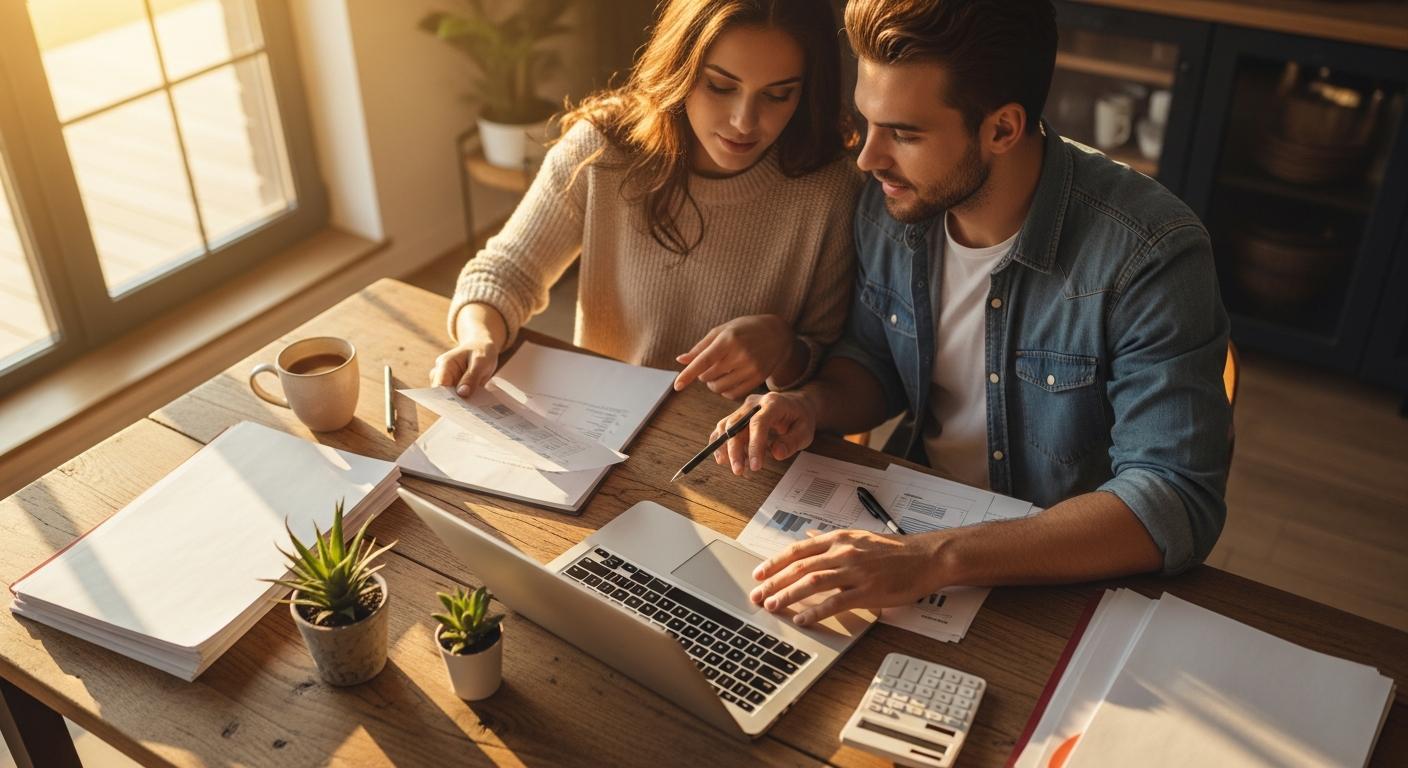 A warm, naturally lit overhead shot of a young married couple sitting together at their kitchen table during golden hour, reviewing documents and using a laptop together. The scene captures an intimate moment of partnership with soft sunlight streaming through nearby windows, creating a cozy domestic atmosphere. Their hands are visible pointing at papers spread across a wooden table surface, with a ceramic coffee mug, potted succulent plant, and calculator nearby. The composition emphasizes togetherness and collaboration, shot from a slightly elevated angle that shows their comfortable home environment with blurred background elements suggesting a modern, lived-in space. The color palette features warm neutrals, natural wood tones, and soft morning light creating an authentic, candid social media aesthetic that feels genuine and relatable.