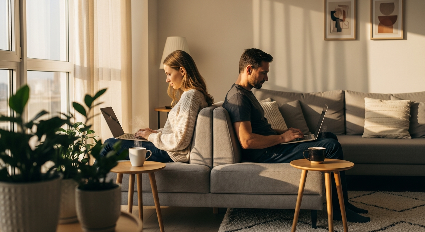 A warm, candid moment captured in golden hour lighting showing a married couple sitting together on opposite ends of a cozy living room sofa, each focused on their own laptop, coffee mugs on separate side tables, creating a sense of comfortable independence within togetherness. The natural sunlight streams through sheer curtains, casting soft shadows across the modern minimalist space with neutral tones. Both individuals appear relaxed and content in their own activities while sharing the same intimate home environment, their body language suggesting mutual respect for personal space. The scene conveys authentic domestic life with selective focus on the couple, slightly blurred houseplants in the foreground, and the peaceful coexistence of individual pursuits within a shared partnership.