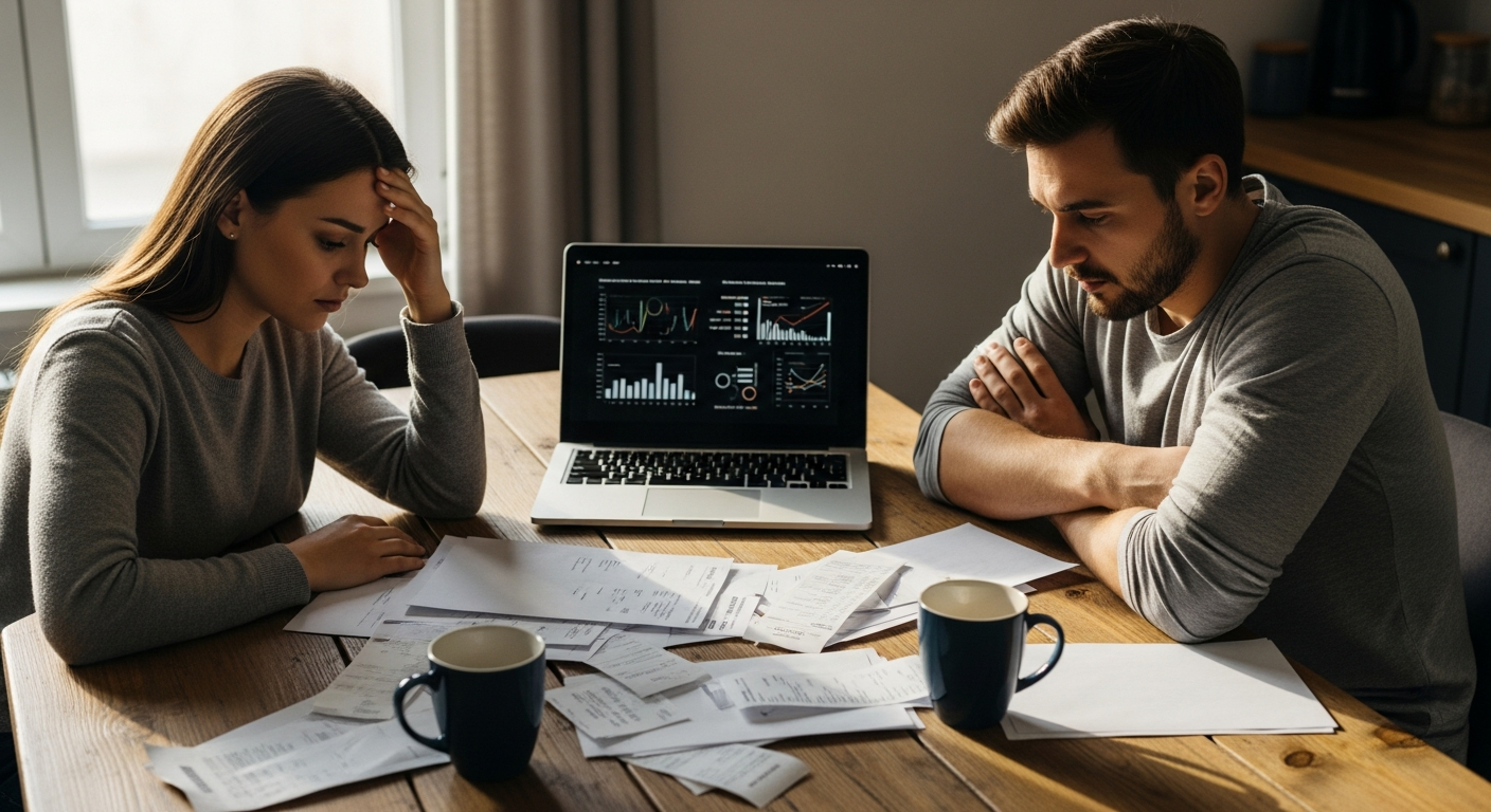 A worried young married couple sitting together at their wooden kitchen table in soft morning light streaming through a nearby window, surrounded by scattered bills, bank statements, and financial documents spread across the surface. The woman has her hand on her forehead looking stressed while the man sits beside her with his arms crossed, both staring down at the paperwork with concerned expressions. A laptop sits open between them displaying graphs and numbers. Coffee mugs rest forgotten on the table. The scene captures authentic domestic tension with natural window lighting creating gentle shadows, shot from a slightly elevated angle in the candid documentary style typical of lifestyle photography on social media.