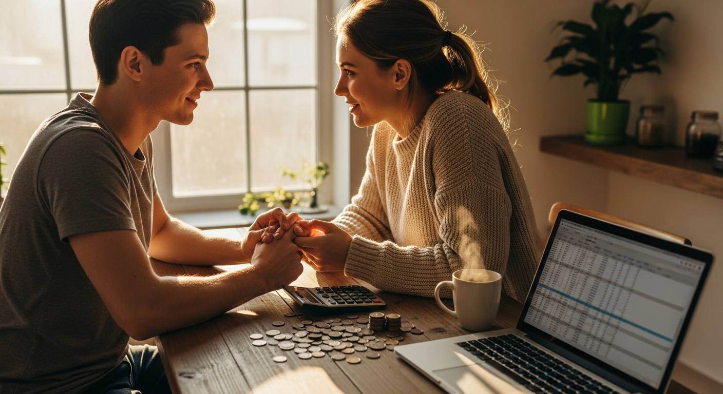 A warm, candid photograph of a young married couple sitting together at their kitchen table during golden hour, natural sunlight streaming through a nearby window creating soft shadows across the wooden surface. Between them are scattered coins, a calculator, and an open laptop displaying spreadsheets. Their hands are intertwined on the table while they lean toward each other in conversation, both wearing casual weekend clothing. A coffee mug sits nearby, and houseplants frame the background. The scene captures an intimate moment of partnership and collaboration, shot from a slightly elevated angle with shallow depth of field that keeps the couple in sharp focus while the background gently blurs. The lighting is authentic and unfiltered, creating a cozy, relatable atmosphere typical of lifestyle photography shared on social media.