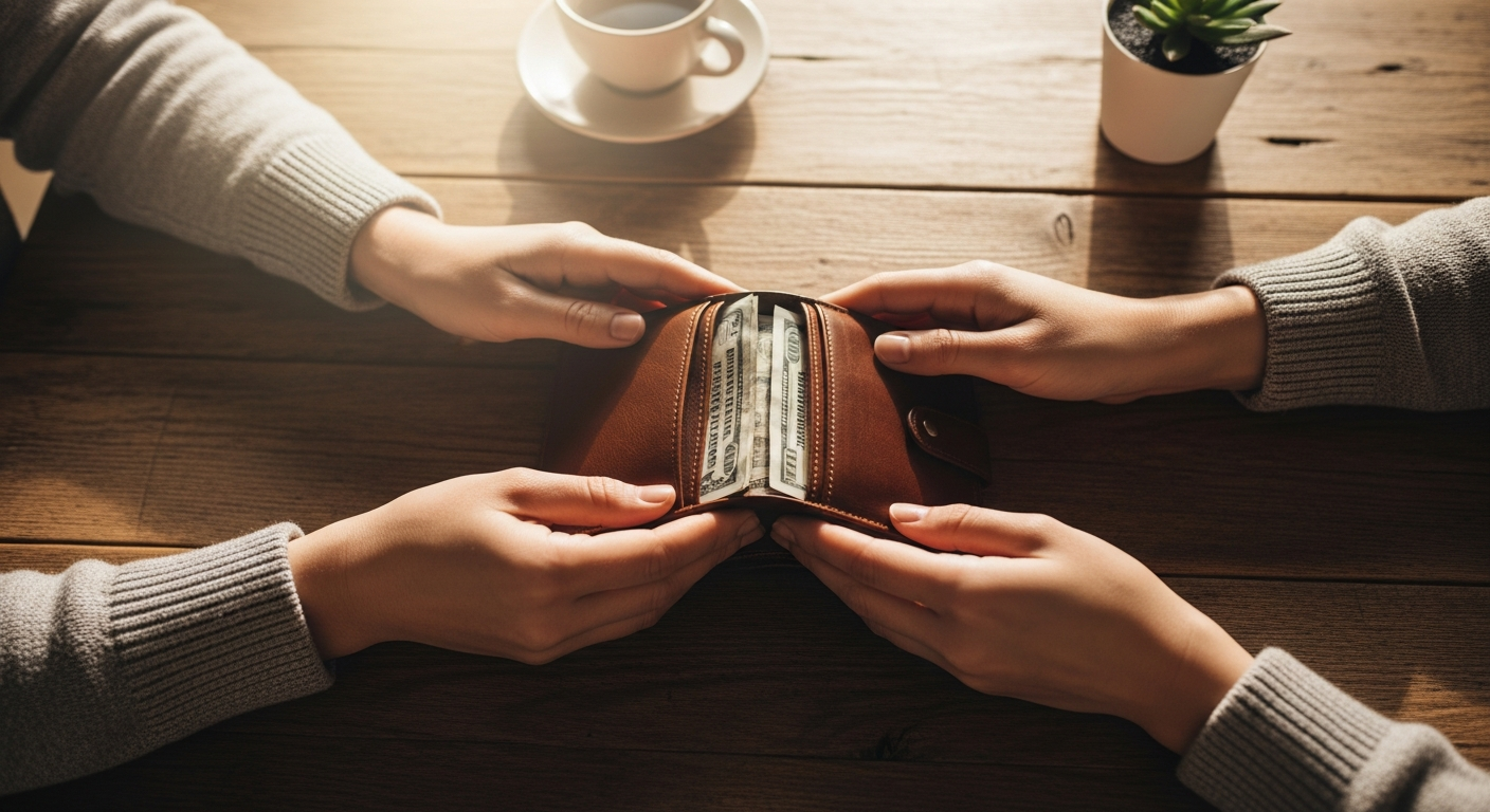 A warm, naturally lit photograph taken from above showing two pairs of hands gently touching over a shared wooden table, with an open leather wallet between them containing visible cash bills. The scene captures an intimate moment of financial partnership with soft morning sunlight streaming through a nearby window, creating gentle shadows. A simple ceramic coffee cup and a small potted succulent sit nearby on the rustic table surface. The composition emphasizes togetherness and trust, with both people's hands positioned equally around the shared wallet, suggesting mutual access and collaboration. The color palette features warm browns, soft creams, and natural wood tones, creating an authentic, candid lifestyle photography aesthetic typical of relationship-focused social media content.
