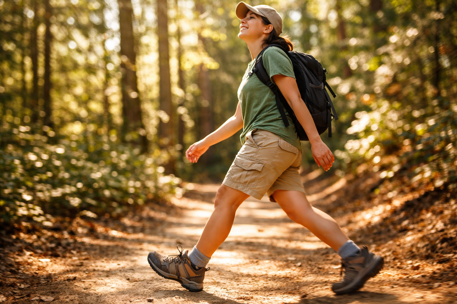 A person mid-stride on a sunlit forest trail, arms slightly swinging, face tilted upward with a relaxed, open expression, dappled morning light filtering through tall trees casting moving shadows across the dirt path, captured at the moment one foot lifts off the ground, motion blur subtle on the trailing leg, shot from a low side angle with a shallow depth of field, candid documentary style as if snapped by a fellow hiker, warm golden hour tones, no text visible anywhere in the frame.