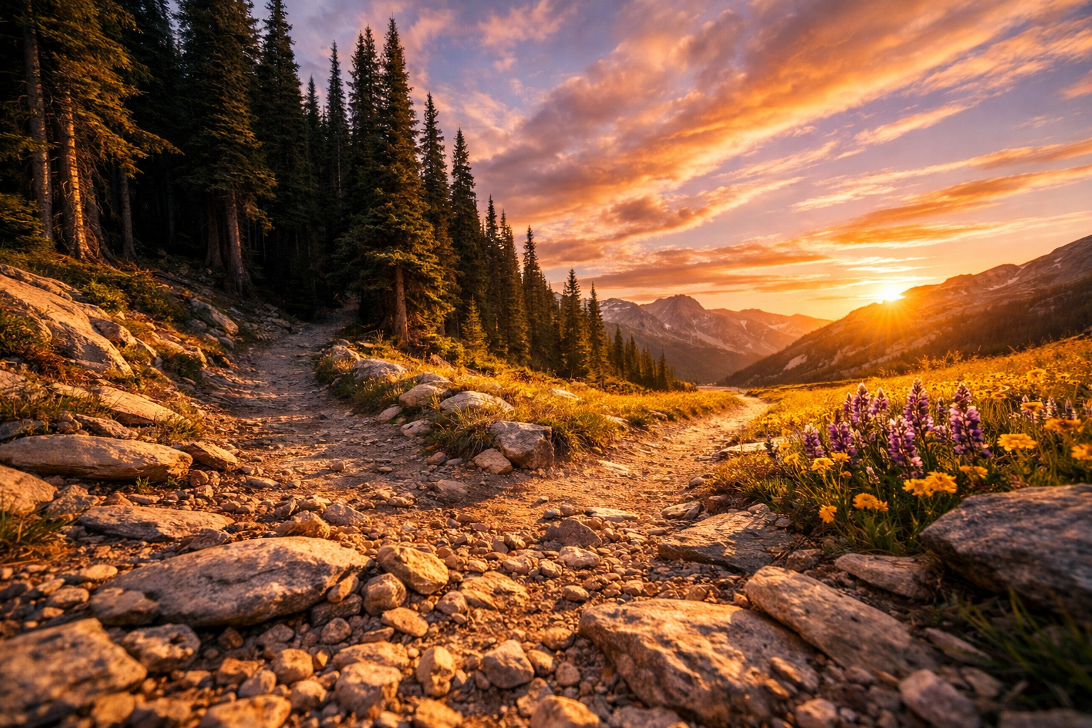 A wide shot of a winding mountain trail diverging into two clearly distinct paths at a fork, one leading through a dense pine forest and the other opening onto a sunlit alpine meadow, captured in the golden hour with long shadows stretching across the rocky terrain, the vast open landscape emphasizing the scale of the decision point, wildflowers dotting the meadow edge, no people visible, the environment itself conveying choice and possibility through its sprawling natural geography, shot with a wide-angle lens from a low vantage point that exaggerates the expansive sky above and the stretching landscape ahead, authentic travel photography aesthetic with natural warm light.