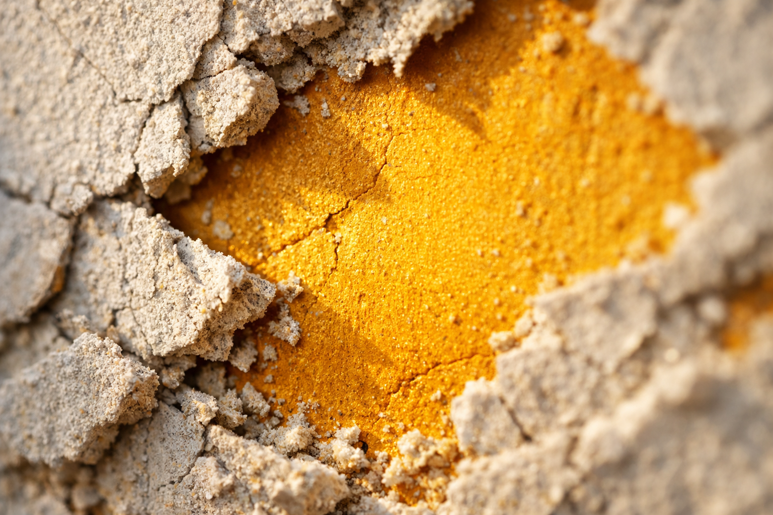 Close-up macro photograph of a crumbling plaster wall being carefully chipped away to reveal a burst of vivid yellow paint underneath, the texture of rough white plaster fragments contrasting sharply with the warm, glowing golden surface beneath. Natural afternoon light rakes across the surface at a low angle, casting tiny shadows in every crack and chip, emphasizing the tactile roughness of the broken plaster and the smooth brightness of the revealed color below. The frame is entirely filled with this one surface — flaking edges, powdery dust, and that striking warm yellow emerging like sunlight through the damage, shot with shallow depth of field so the foreground plaster detail is razor sharp while the deeper yellow softens slightly into warmth.