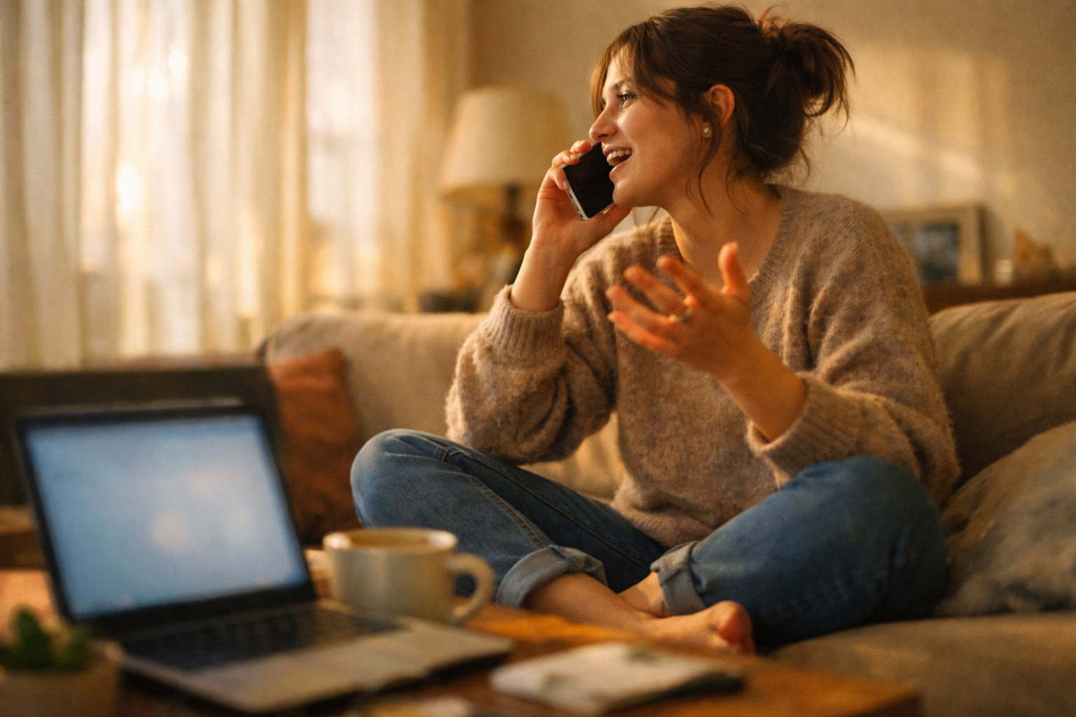A person sitting cross-legged on a couch in a warmly lit living room, holding a smartphone to their ear mid-conversation, their free hand gesturing expressively as they speak, captured from a slightly low side angle that freezes the natural movement of their hand mid-gesture, a laptop open on the coffee table in front of them with a browser visible but no readable text, afternoon sunlight streaming through sheer curtains casting soft shadows, the scene feeling candid and unposed as if caught during an actual phone consultation, shot with a shallow depth of field that keeps the person sharp while the background softly blurs.