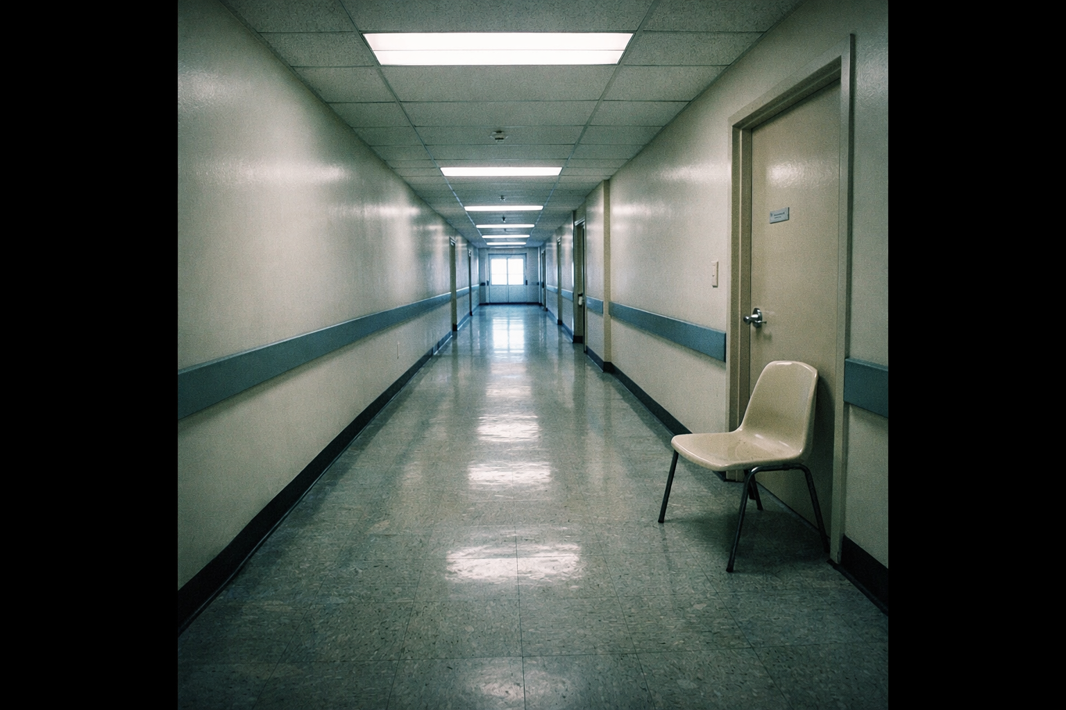 A wide shot of a sterile hospital corridor stretching far into the distance, empty and fluorescent-lit, with a single vacant plastic chair pushed against the pale beige wall beside a closed examination room door, the hallway extending endlessly with no figures present, natural light barely filtering through a frosted window at the far end, the atmosphere heavy with quiet stillness and clinical emptiness, shot with a wide-angle lens that emphasizes the cold, impersonal scale of the medical environment, authentic documentary-style photography with slight grain, no text or signage visible.