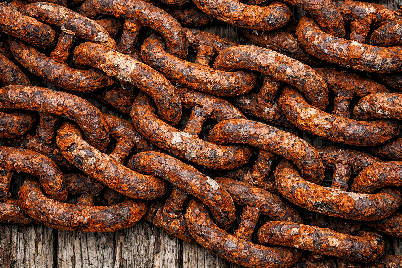 Close-up photograph of a weathered nautical anchor chain resting on a rough wooden dock surface, shot from directly above at extreme close range, filling the entire frame with the heavy rusted iron links and the splintered, salt-bleached grain of the aged timber beneath. Natural overcast coastal light catches the oxidized orange-brown texture of the metal and the deep grooves of the wood, revealing every pit, flake, and imperfection in the chain's surface. No people, no horizon, no wide shot — only the dense tactile weight of interlocking iron against weathered wood.