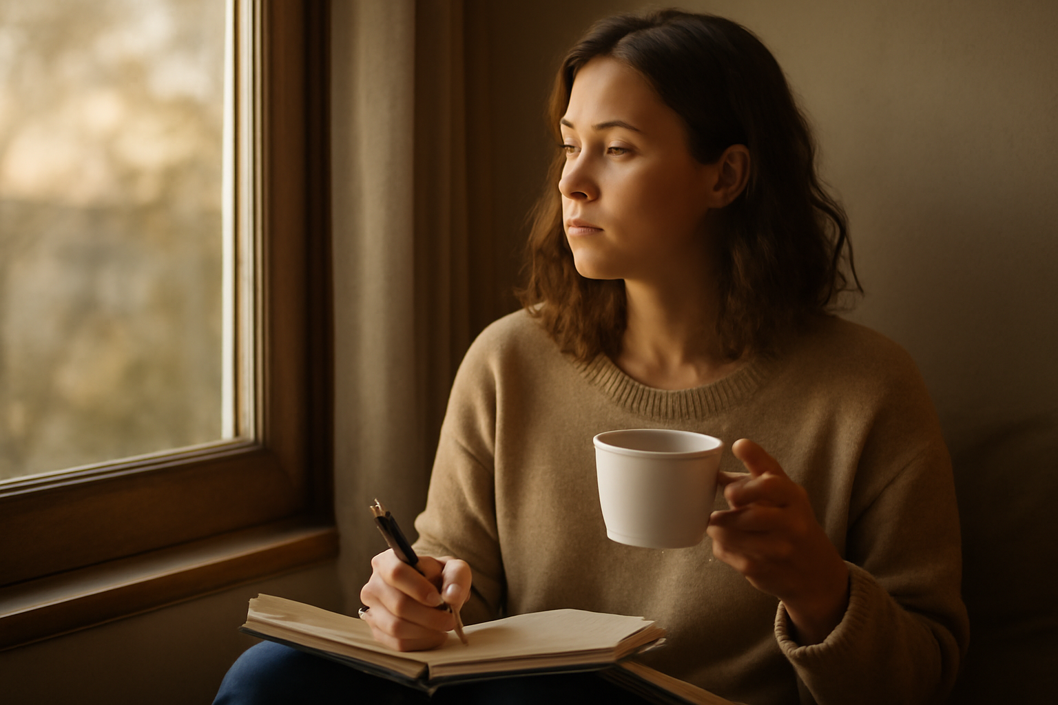 Woman journaling by a window, reflecting on life lessons